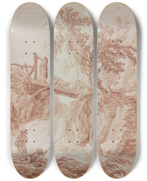 Triptych art skateboard deck of Hubert Robert Herdsmen Crossing A Waterfall by Hubert Robert (1733-1808)