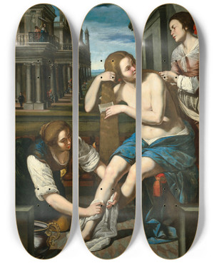 Triptych art skateboard deck of Artemisia Gentileschi Bathsheba At Her Bath by Artemisia Gentileschi (1593-1654)