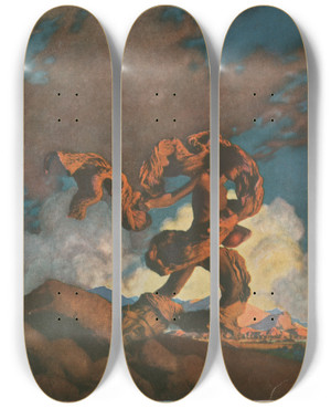 Triptych art skateboard deck of Maxfield Parrish Cadmus Sowing The Dragons Teeth by Maxfield Parrish (1870-1966)