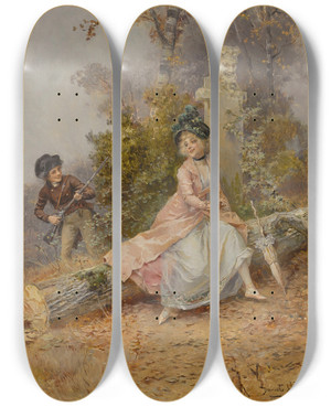 Triptych art skateboard deck of Daniel Hernndez Morillo Lovers Tryst by Daniel Hernandez Morillo (1856-1932)