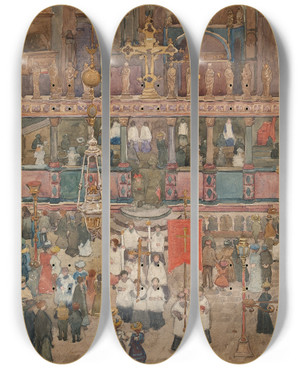 Triptych art skateboard deck of Maurice Prendergast Easter Procession St Marks by Maurice Prendergast (1858-1924)