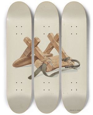 Triptych art skateboard deck of Frank C Barks Saddle by Frank C Barks