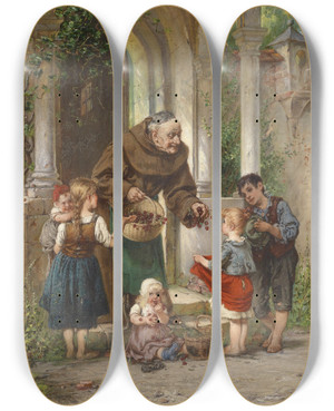 Triptych art skateboard deck of Adolf Humborg Kirschen Fr Die Kinder by Adolf Humborg (1847-1921)