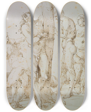 Triptych art skateboard deck of Albrecht Drer Sechs Nackte Figuren In Der Mitte Ein An Einen Baum Gefesselter Mann by Albrecht Durer (1471-1528)
