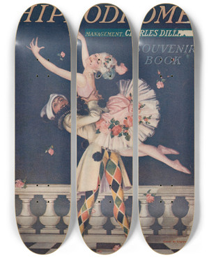 Triptych art skateboard deck of Frank Xavier Leyendecker Hippodrome Souvenir Program For Happy Days by Frank Xavier Leyendecker (1876-1924)