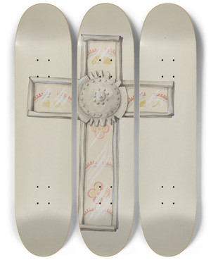 Triptych art skateboard deck of Majel G Claflin Tin Wall Paper Cross_1 by Majel G Claflin (1893-1941)