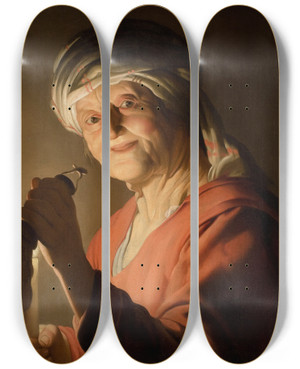 Triptych art skateboard deck of Gerard Van Honthorst An Old Woman by Gerard Van Honthorst (1592-1656)
