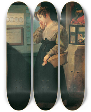 Triptych art skateboard deck of Peter Fendi Mdchen Vor Dem Lotteriegewlbe by Peter Fendi (1796-1842)