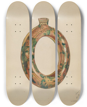 Triptych art skateboard deck of A Zaidenberg Ring Bottle by A Zaidenberg