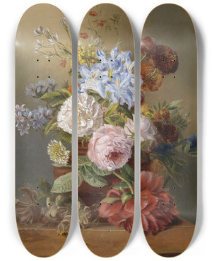 Triptych art skateboard deck of Josef Schuster Blumenstillleben by Josef Schuster (1812-1890)