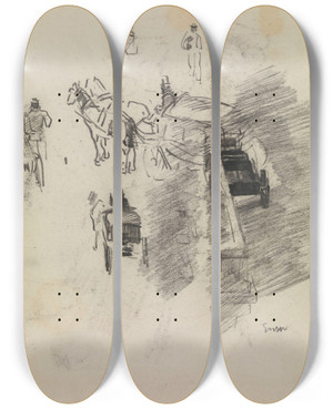 Triptych art skateboard deck of James Ensor Horses And Silhouettes by James Ensor (1860-1949)