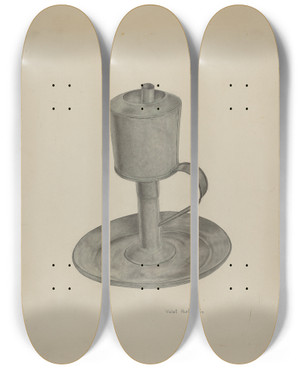 Triptych art skateboard deck of Violet Hartenstein Pewter Grease Lamp by Violet Hartenstein