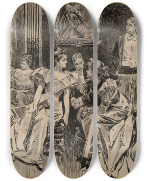 Triptych art skateboard deck of Charles Dana Gibson A Social Gathering by Charles Dana Gibson (1867-1944)