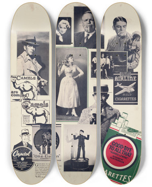 Triptych art skateboard deck of Alan Peckolick Goodbye To All That Harris Lewine by Alan Peckolick (1940-2017)