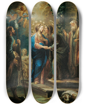 Triptych art skateboard deck of Jernimo Ezquerra The Visitation by Jeronimo Ezquerra (1660-1733)