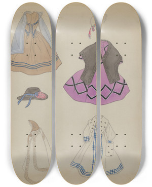 Triptych art skateboard deck of Mina Lowry Doll And Wardrobe_2 by Mina Lowry (1894-1942)