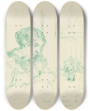 Triptych art skateboard deck of Gustav Schraegle Writing Lady by Gustav Schraegle (1867-1925)