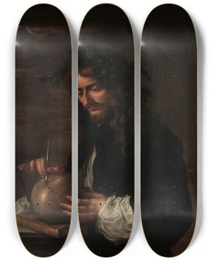Triptych art skateboard deck of Salvator Rosa Selfportrait_2 by Salvator Rosa (1615-1673)