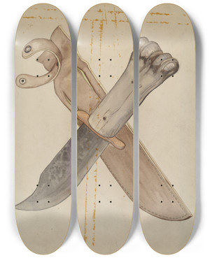 Triptych art skateboard deck of Jesse W Skeen Knife And Sheath by Jesse W Skeen