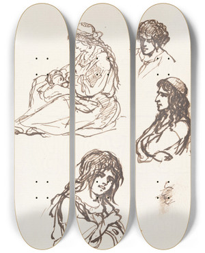 Triptych art skateboard deck of Nicaise De Keyser Mother And Child And Three Busts by Nicaise De Keyser (1813-1887)