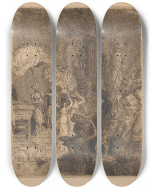 Triptych art skateboard deck of Marius Bauer Tempel Met Figuren Op Bali by Marius Bauer (1867-1932)