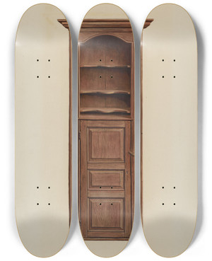 Triptych art skateboard deck of Leslie Macklem Cupboard by Leslie Macklem