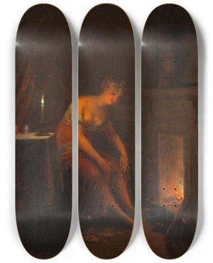Triptych art skateboard deck of Alexander Laurus Lady Tying Her Garter by Alexander Laureus (1783-1823)