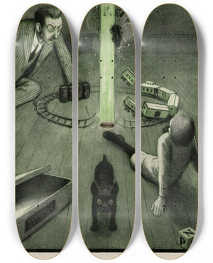 Triptych art skateboard deck of Peter Newell The Rocket Book Pl 15 by Peter Newell (1862-1924)