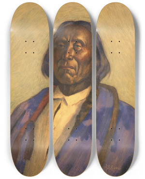 Triptych art skateboard deck of Joseph Henry Sharp Chief Red Cloud Sioux by Joseph Henry Sharp (1859-1953)