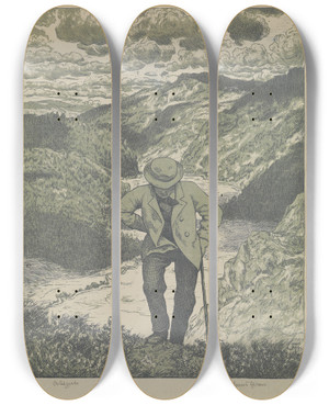 Triptych art skateboard deck of Hans Thoma Der Wanderer Meisterblatt by Hans Thoma (1839-1924)
