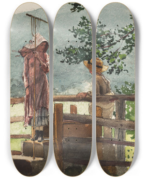 Triptych art skateboard deck of Winslow Homer Spring by Winslow Homer (1836-1910)