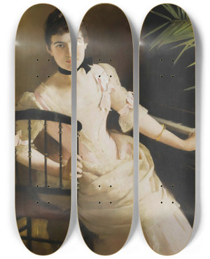 Triptych art skateboard deck of Charles Giron Lady Seated At A Piano by Charles Giron (1850-1914)