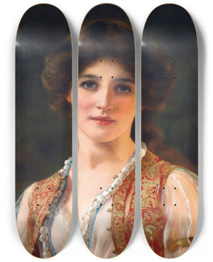 Triptych art skateboard deck of William Clarke Wontner An Eastern Beauty by William Clarke Wontner (1857-1930)