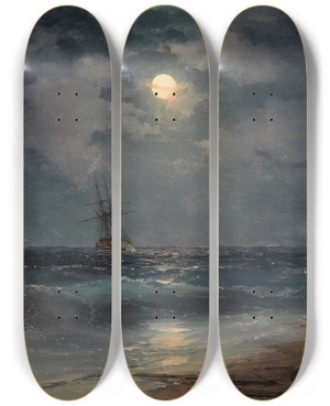 Triptych art skateboard deck of Ivan Konstantinovich Aivazovsky Ship By Moonlight by Ivan Konstantinovich Aivazovsky (1817-1900)