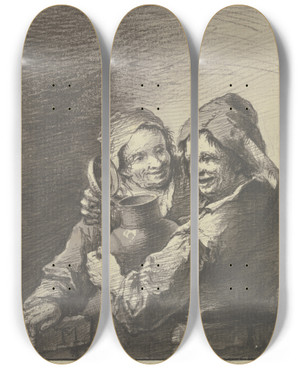 Triptych art skateboard deck of Johann Georg Trautmann Ein Bauer Und Eine Buerin Mit Einem Weinkrug by Johann Georg Trautmann (1713-1769)