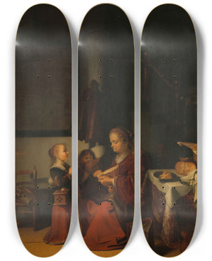 Triptych art skateboard deck of Karel Slabbaert Breakfast by Karel Slabbaert (1619-1654)