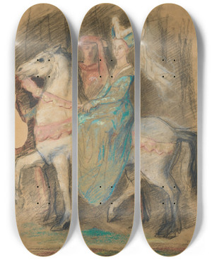 Triptych art skateboard deck of Henri Cros Dame Du Moyen Age Cheval by Henri Cros (1840-1907)