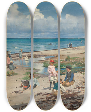 Triptych art skateboard deck of Frants Henningsen A Summers Day On Hornbk Beach by Frants Henningsen (1850-1908)