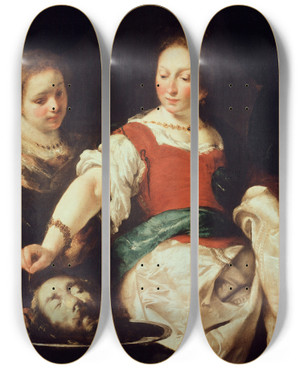 Triptych art skateboard deck of Bernardo Strozzi Salome by Bernardo Strozzi (1581-1644)