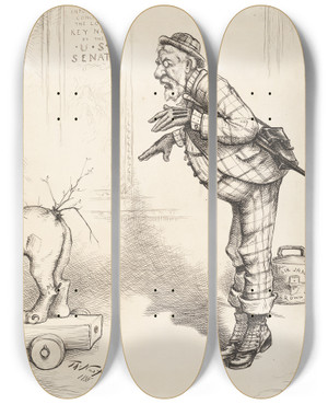 Triptych art skateboard deck of Thomas Nast James Gillespie Blaine by Thomas Nast (1840-1902)