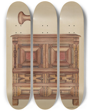 Triptych art skateboard deck of Michael Trekur Chest With Two Drawers by Michael Trekur