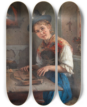 Triptych art skateboard deck of Friedrich Prlls A Zither Player by Friedrich Prolls (1855-1934)