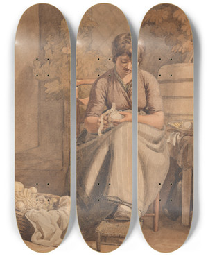 Triptych art skateboard deck of Joshua Cristall A Girl Peeling Vegetables by Joshua Cristall (1765-1847)