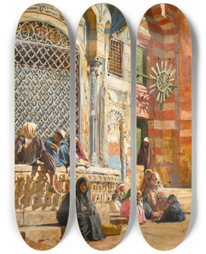 Triptych art skateboard deck of Eugne Girardet By The Fountain Cairo by Eugene Girardet (1853-1907)