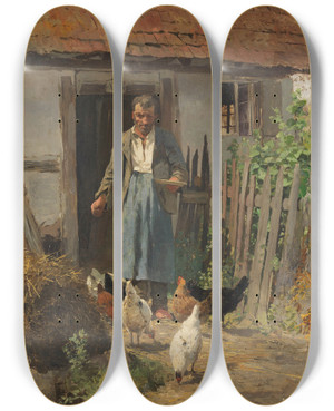 Triptych art skateboard deck of Hermann Baisch Die Ftterung Der Hhner by Hermann Baisch (1846-1894)
