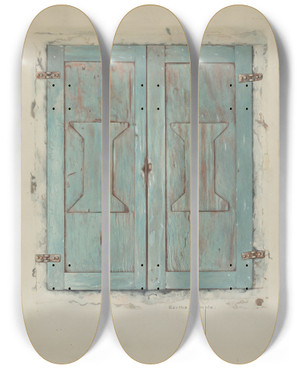Triptych art skateboard deck of Bertha Semple Cabinet Doors At Mission San Jose De Guadalupe by Bertha Semple
