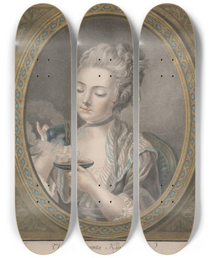 Triptych art skateboard deck of Louismarin Bonnet The Woman Taking Coffee by Louis Marin Bonnet (1736-1793)