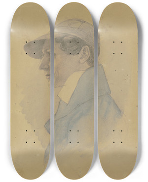 Triptych art skateboard deck of Jakob Becker Male Head To The Left by Jakob Becker (1810-1872)