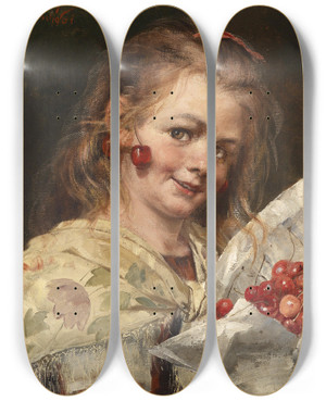 Triptych art skateboard deck of Georg Rssler Mdchen Mit Kirschen by Georg Rossler (1861-1925)