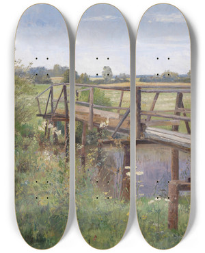 Triptych art skateboard deck of Hugo Darnaut Sommerlandschaft Mit Brcke by Hugo Darnaut (1850-1937)